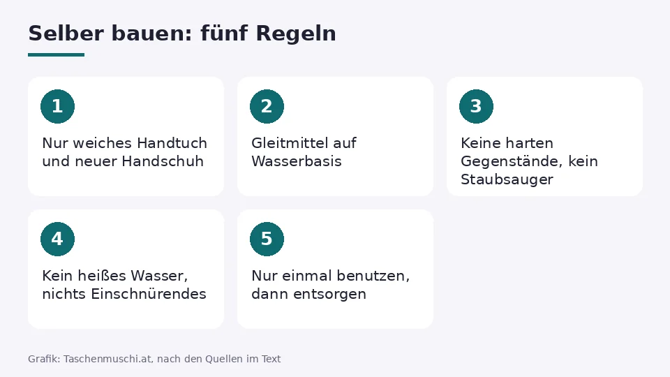 Taschenmuschi selber bauen: fünf Regeln für die Notlösung aus Handtuch und Handschuh, ohne harte Gegenstände und nur zum einmaligen Gebrauch